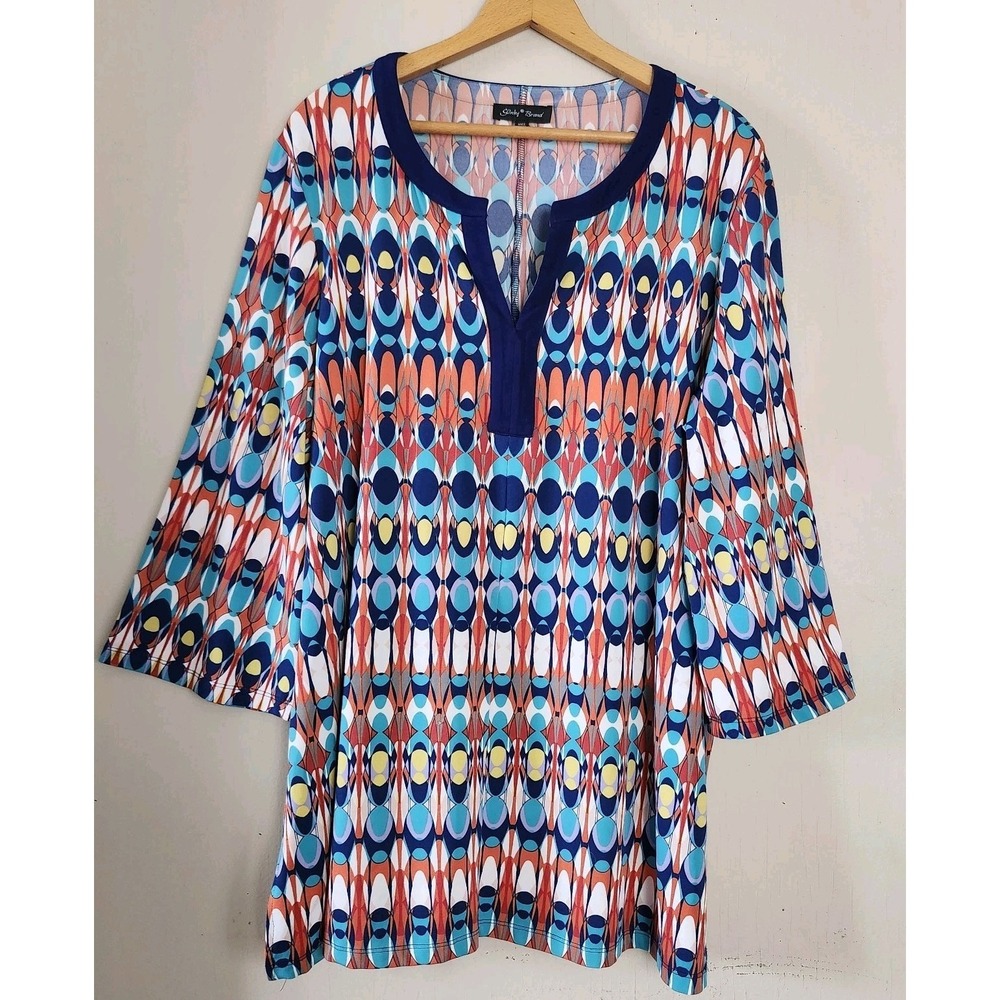 Slinky Brand Womens 1X 3/4 Sleeve Retro Colorful V-Neck Tunic Top Shirt Stretch